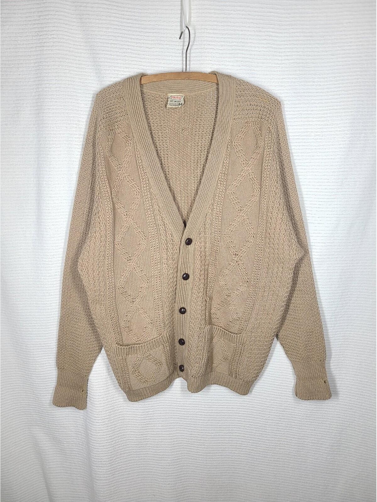 Vintage 1950s Mens Sweater 44 Xl 100% Wool Cardigan Leather Buttons St Michael